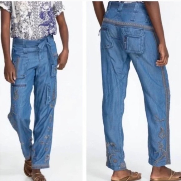 NWT Johnny Was Biya Aventura Embroidered Cargo Denim Pants size 6 - Picture 2 of 16